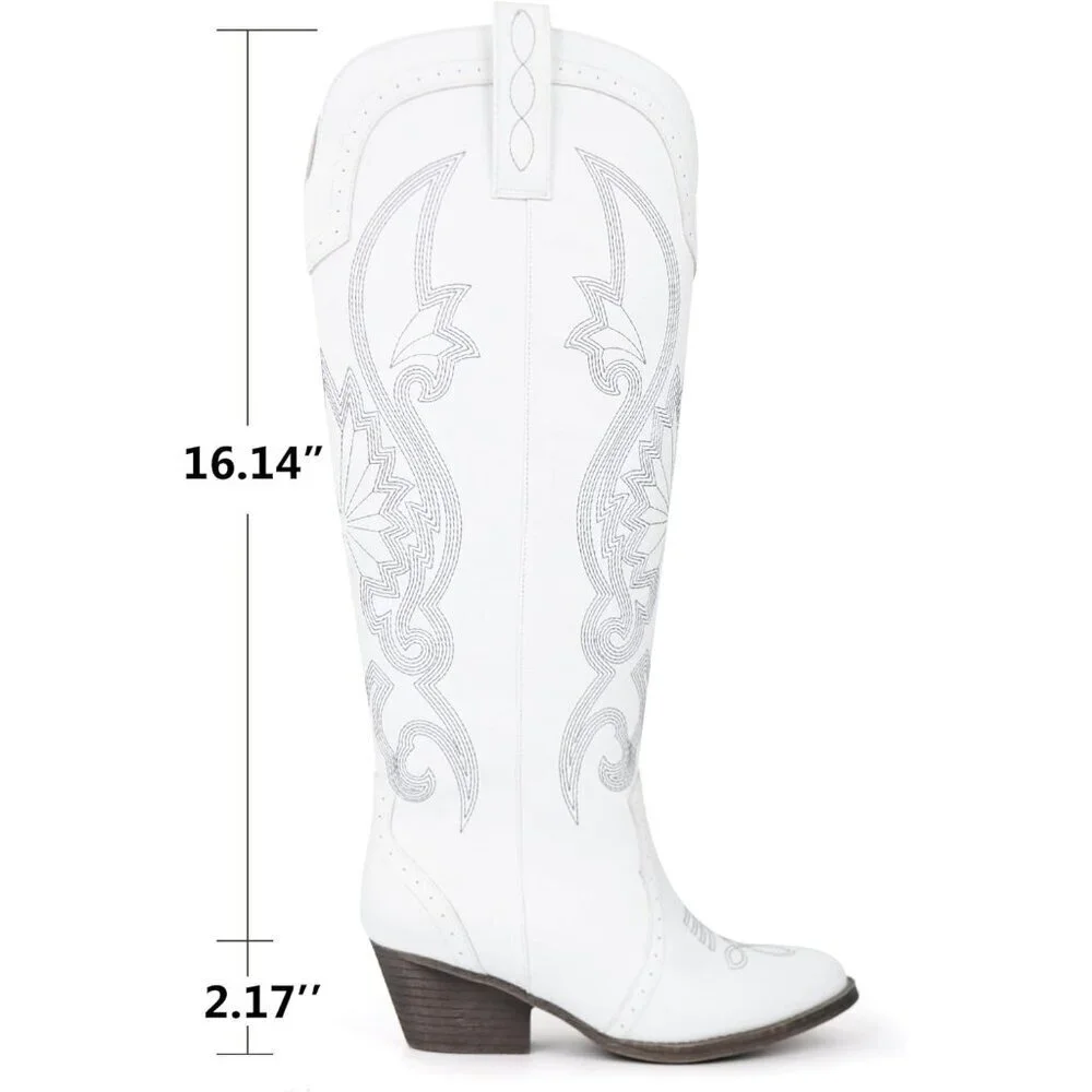 Women's White Faux Leather Pointed Toe and Block Heel Classic Embroidered Boot